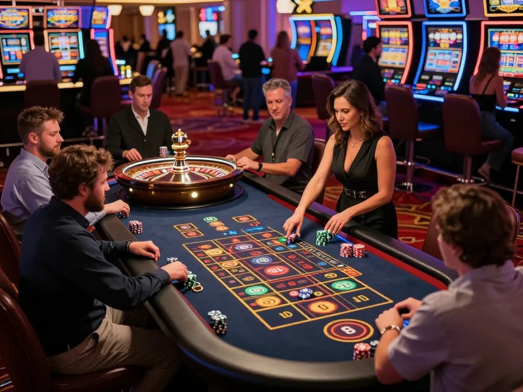 Players strategizing bets at the Q88 roulette table in an upscale casino setting