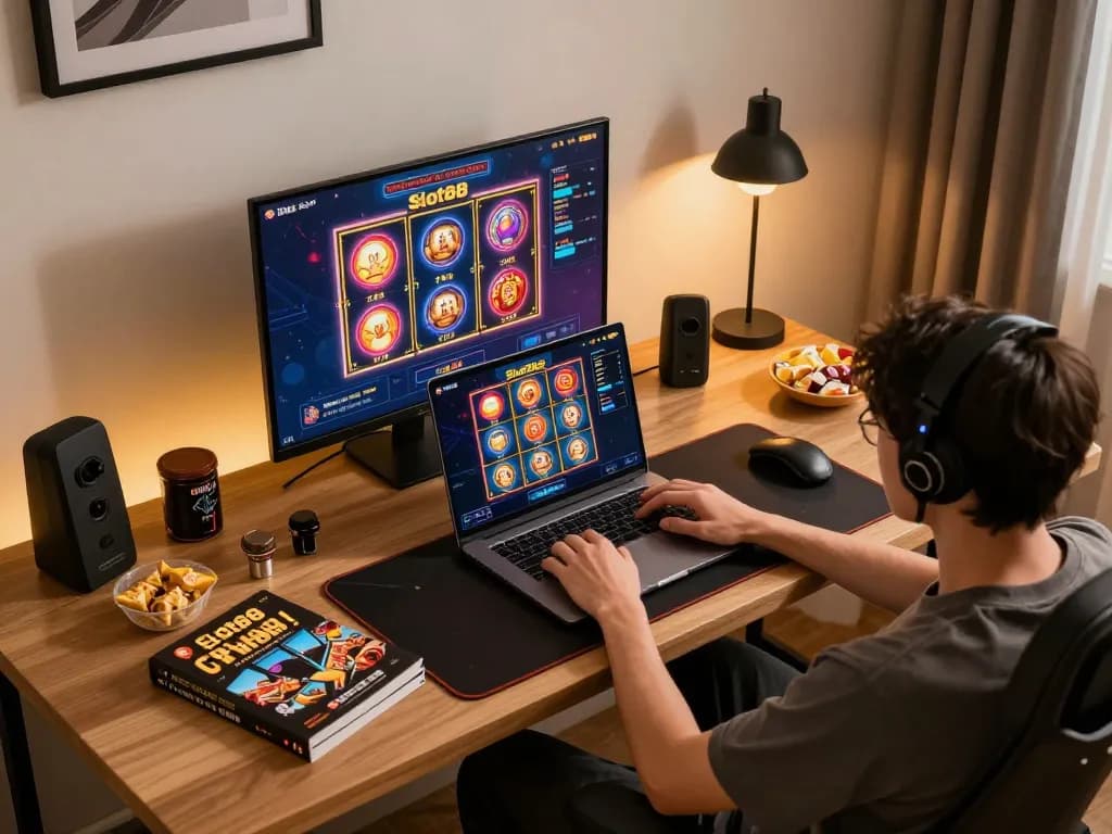 Engaging Slot88 online gaming session with vibrant visuals and cozy workspace setup.