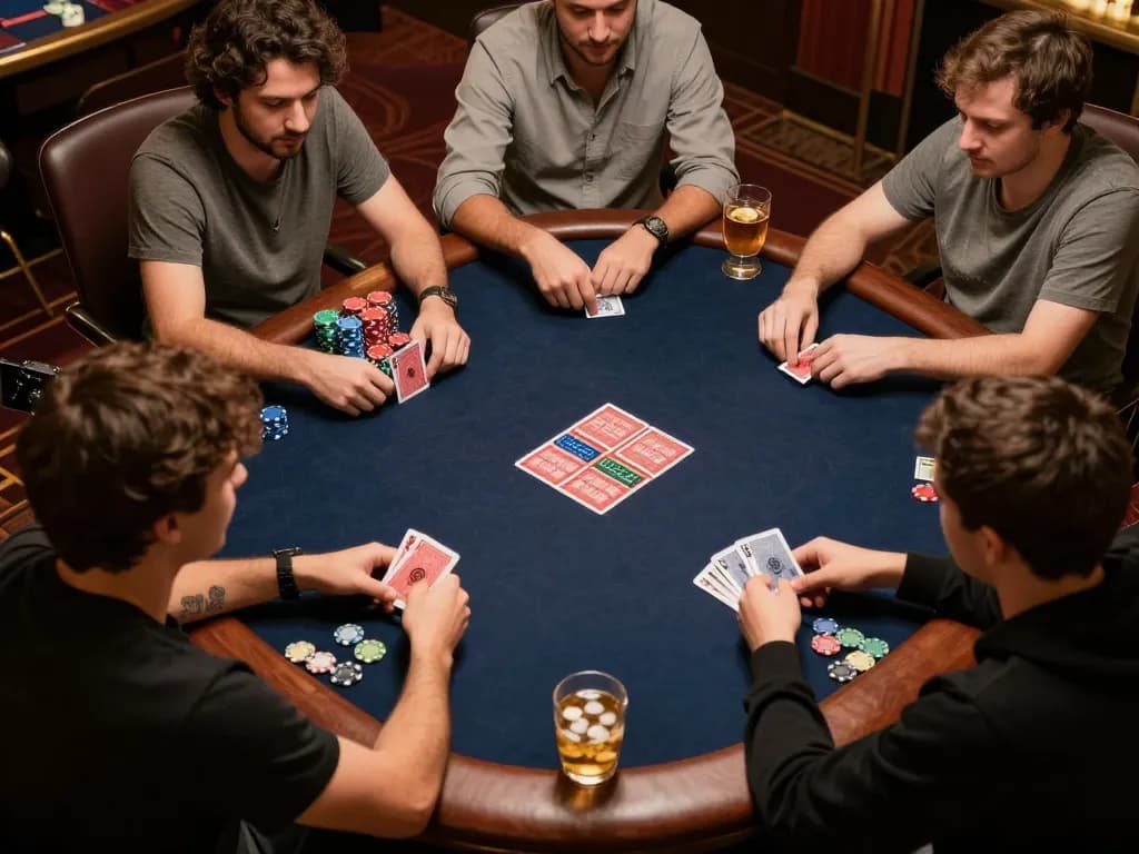 Players engaging in an intense poker strategy session at mm88, with drinks and snacks enhancing the social atmosphere.