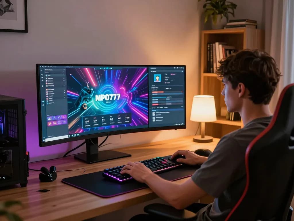 Pemain berinteraksi dengan antarmuka tautan MPO777 dalam pengaturan permainan rumah yang stylish, memperlihatkan momen perjudian online yang strategis