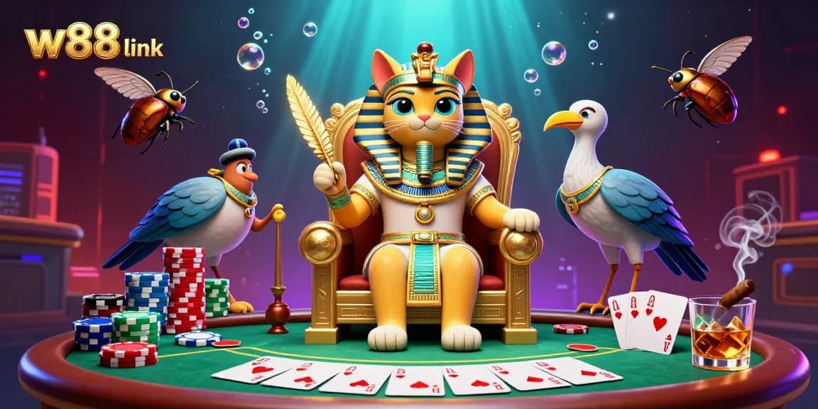 Engage with the w88 link in a vibrant illustration featuring Egyptian-themed casino elements including poker chips and cards.