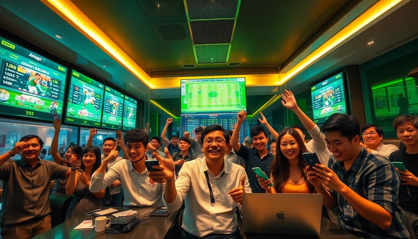 Exciting sports betting scene depicting a diverse group of people engaging with trangcacuocbongda in a modern lounge.