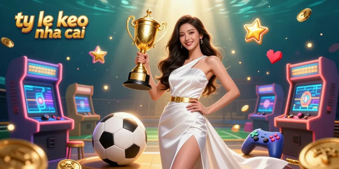Bet on ty le keo nha cai with a victorious Asian woman holding a trophy amid gaming elements.