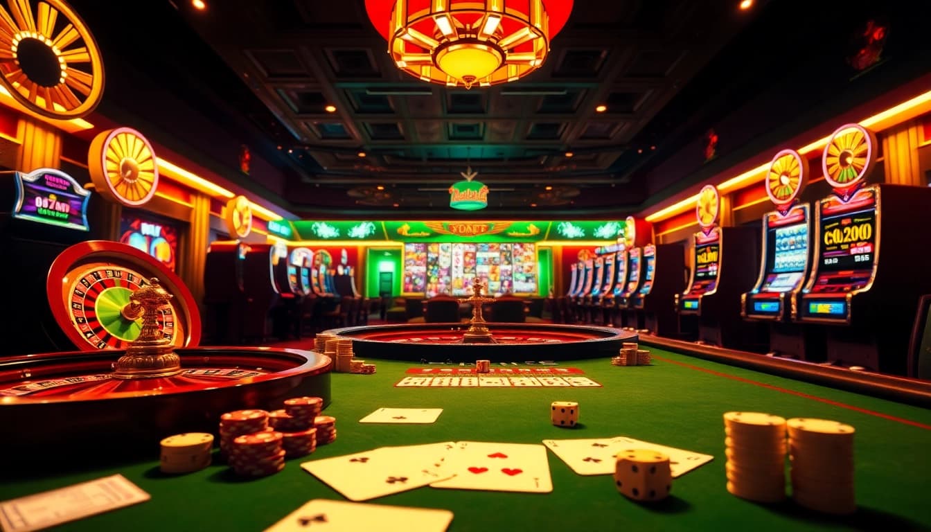 Exciting casino scene with poker chips and slot machines highlighting hay88 for gamblers.