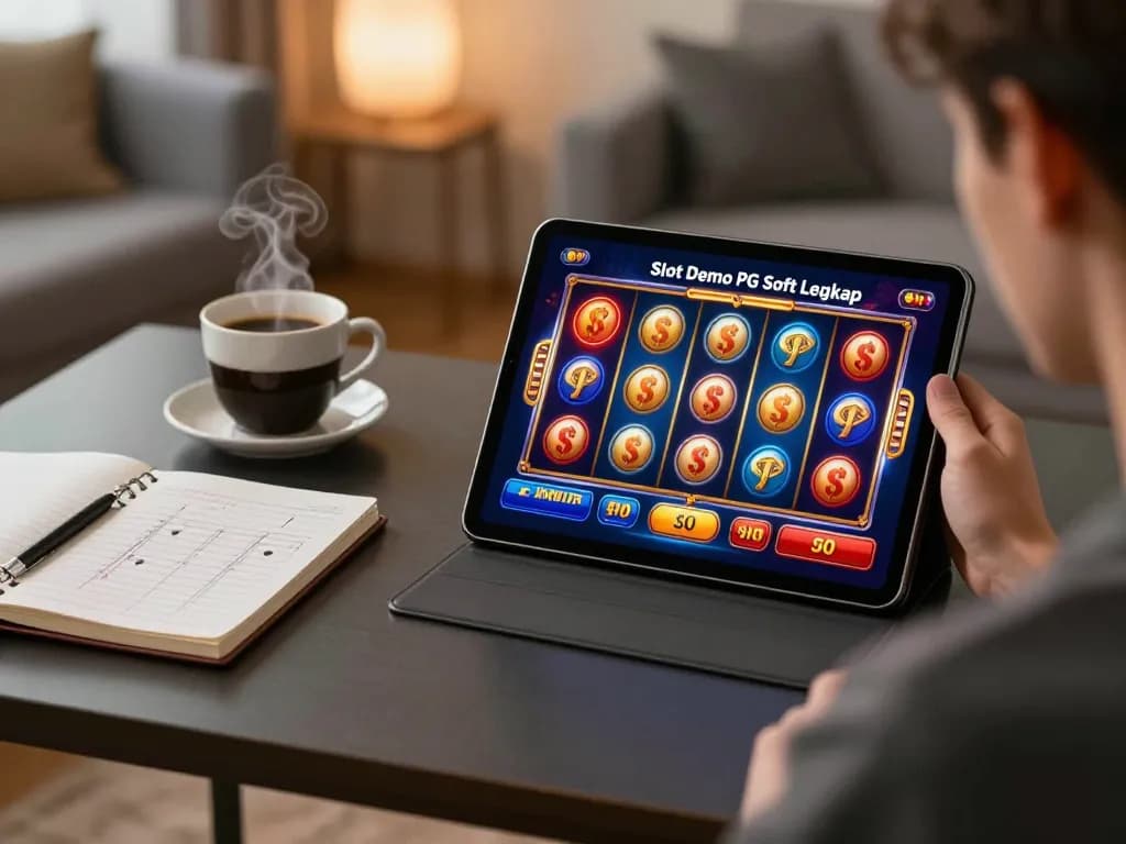 Terlibat dalam permainan Slot Demo PG Soft Lengkap, menampilkan grafik slot yang hidup pada tablet.