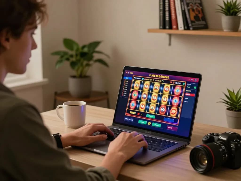 Player engaging with HM88 online casino slot game on a laptop in a cozy home setting.