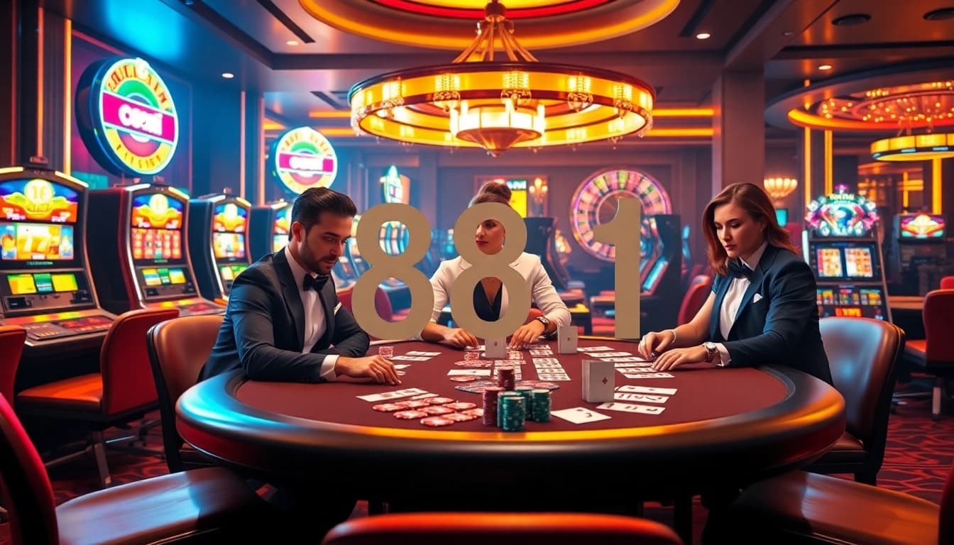 Excitement at 88i casino with players at a poker table surrounded by colorful slot machines.