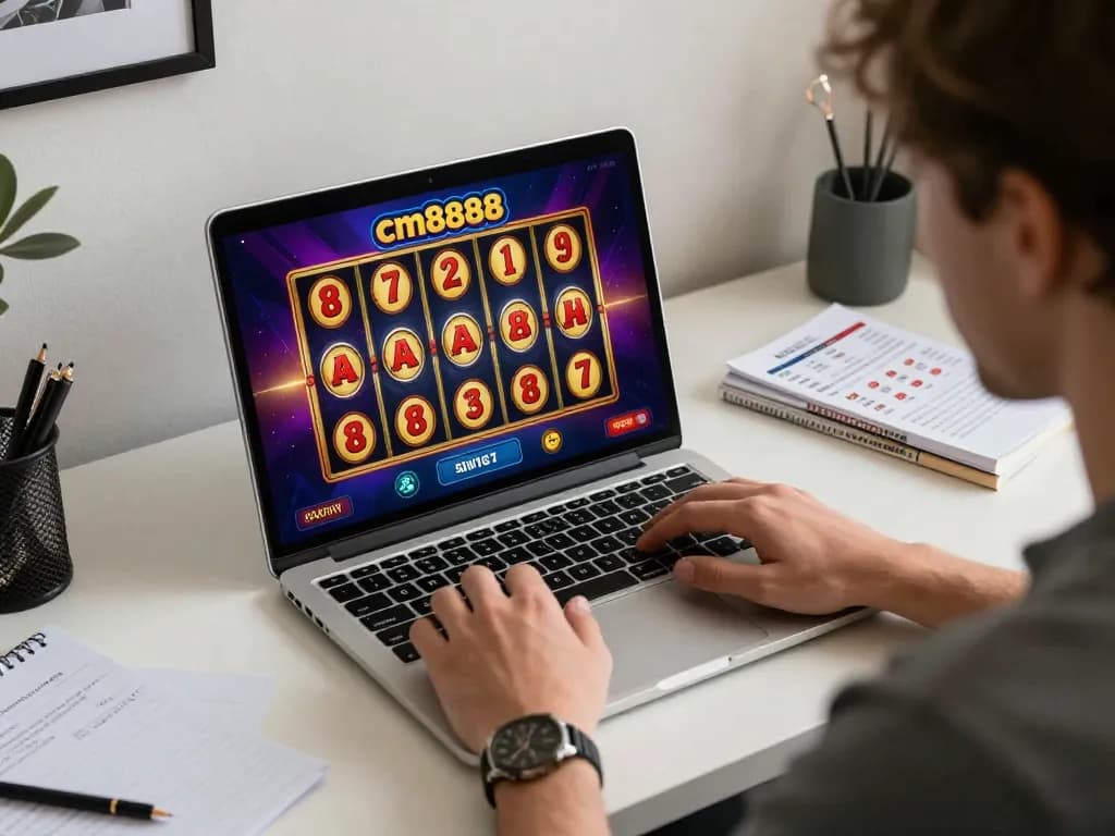 Engaged player using the cm8888 online casino app on a laptop, showcasing dynamic slot gameplay.