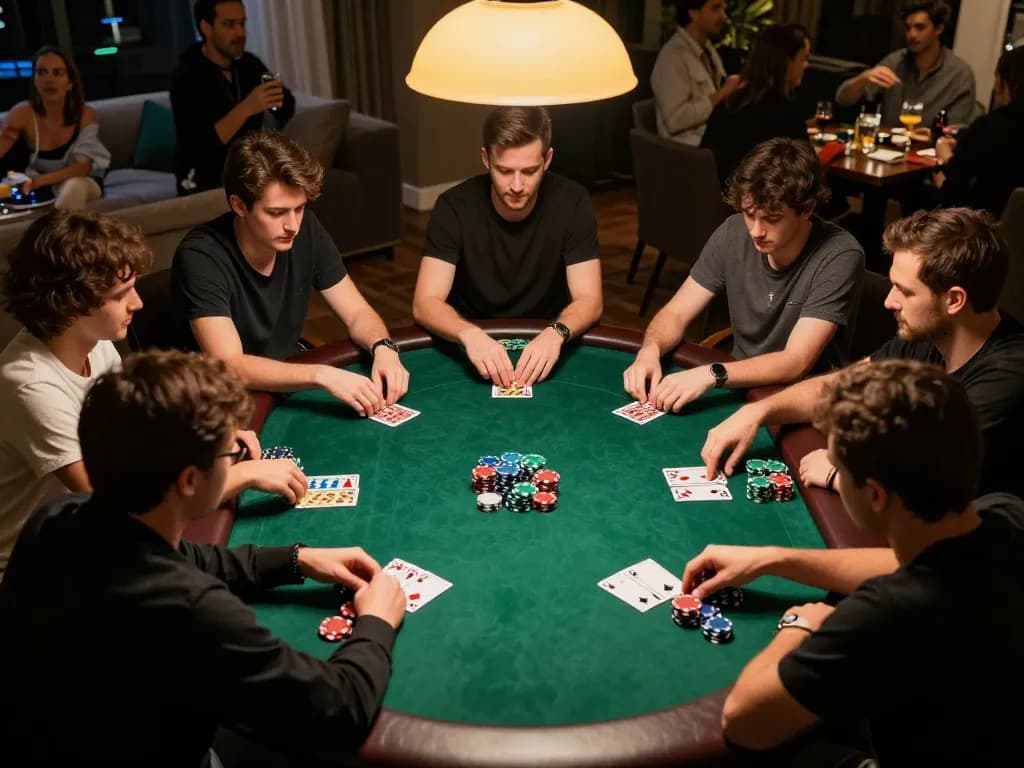 Players at a Poker88 game, showcasing intense focus and colorful chips, highlighting strategic poker gameplay.