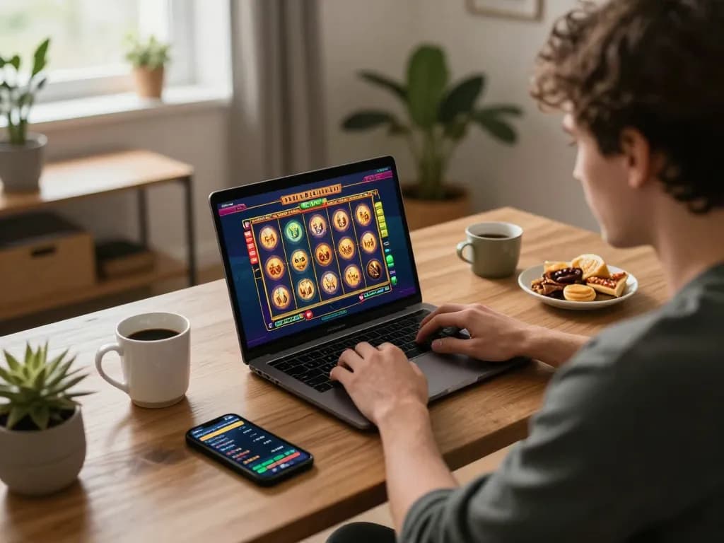 Engaging in an exciting slot game at home, showcasing vibrant game reels and a cozy setup