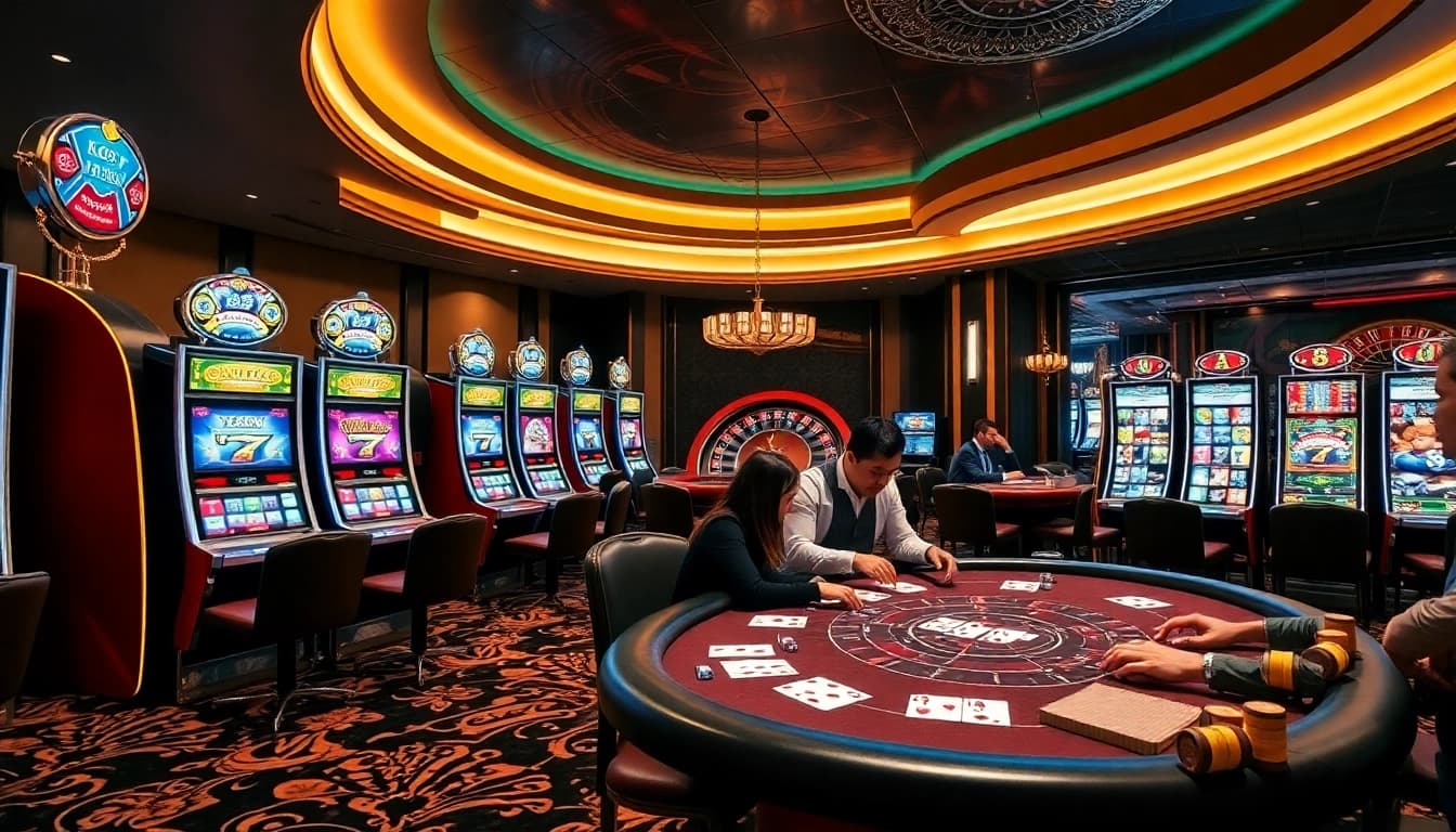 Engaging slot machines at a luxurious casino highlighting situs slot gaming excitement.