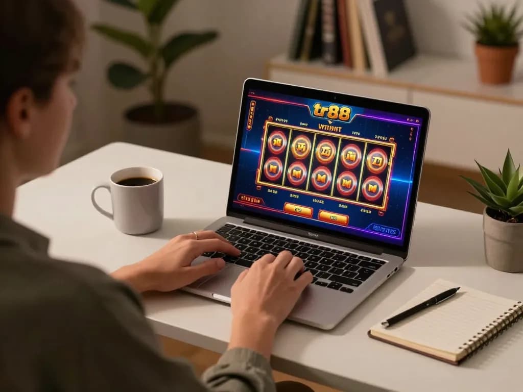Engaged player explores tr88 online casino slots on a modern laptop with a cozy setup.