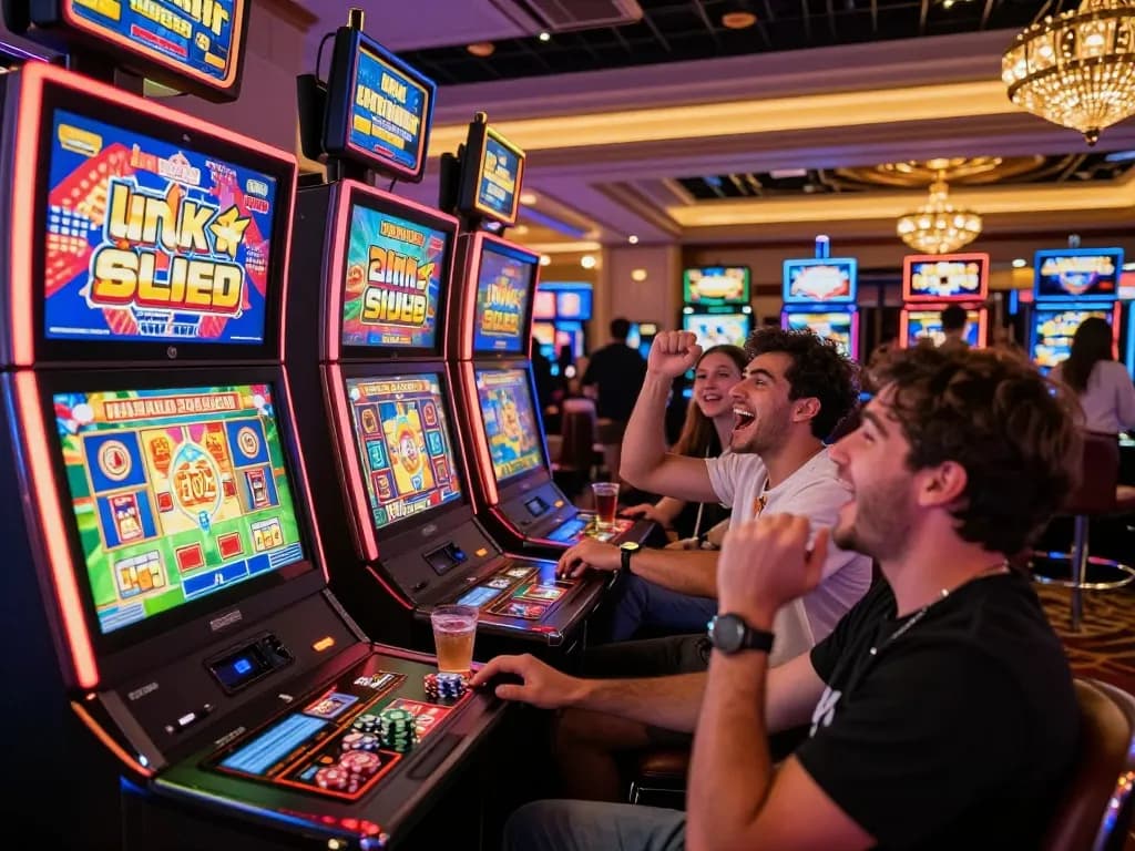 Teman-teman yang terlibat menikmati permainan slot link di lingkungan kasino yang hidup