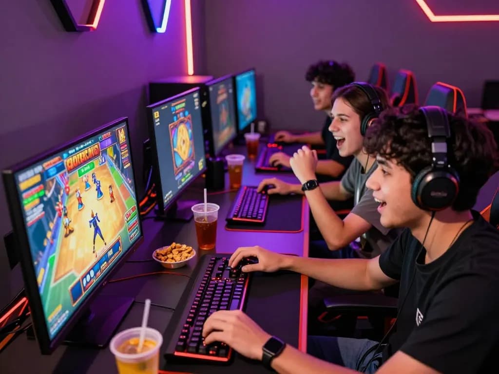 Players excitedly enjoying slot gacor games in a modern gaming setup with vibrant graphics.
