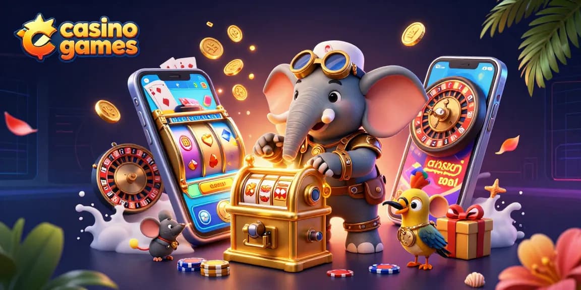 Engaging and vibrant scene of casino games with a steampunk elephant and rich gaming elements.