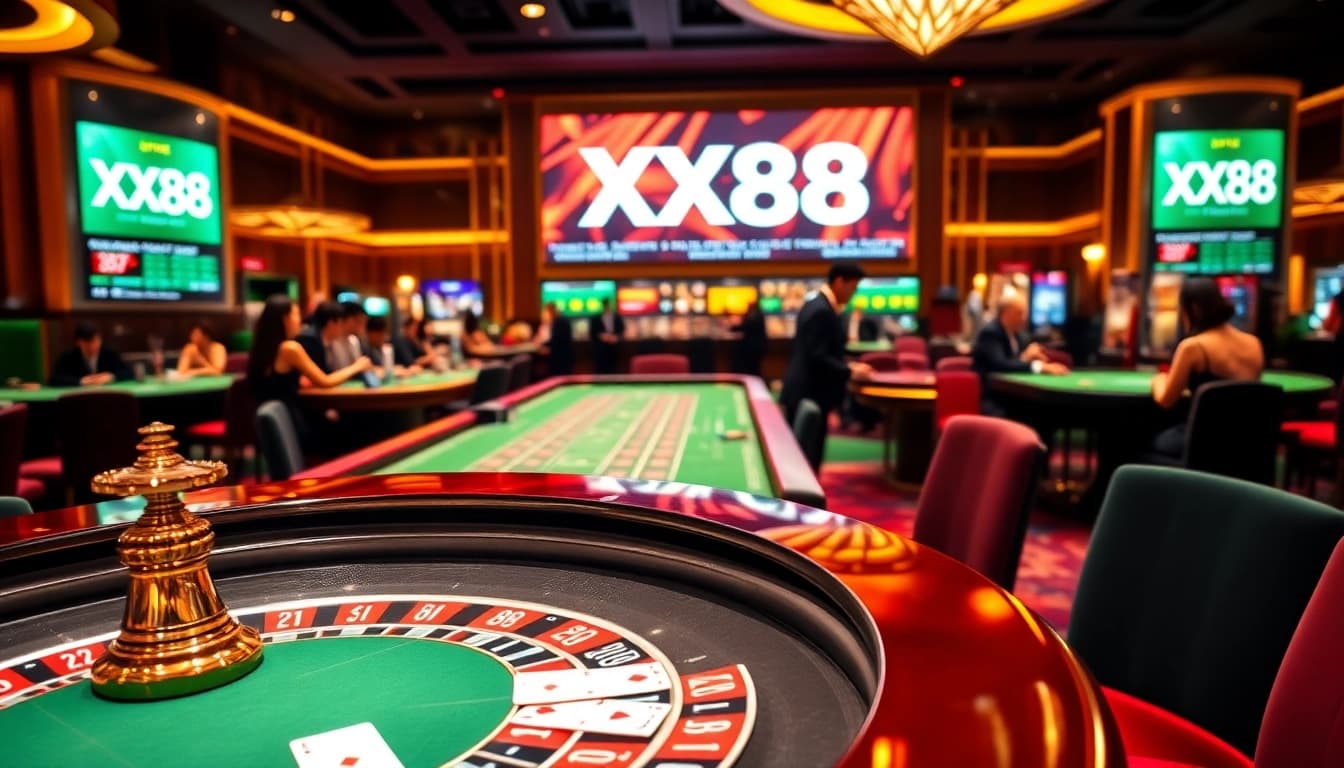 Players engaging in poker at an upscale casino featuring XX88 branding and vibrant gaming atmosphere.