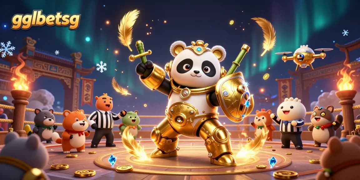 gglbetsg showcases a golden panda in a mech-suit battling in a vibrant esports arena surrounded by cheering fans.