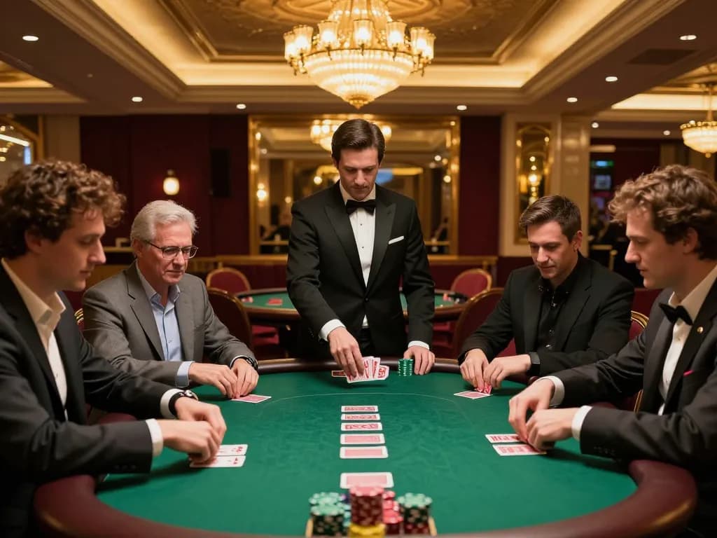 GO88 poker players strategizing at a high-stakes table under warm lighting, capturing intense gameplay.