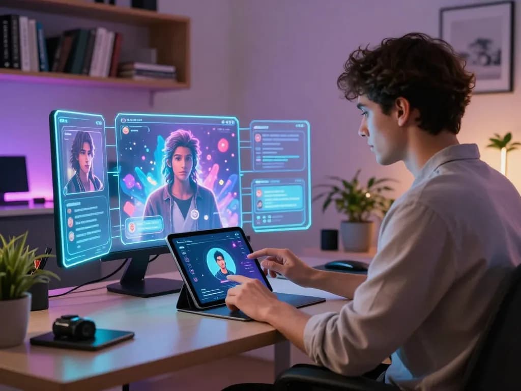 User interacting with an AI chat nsfw interface in a cozy modern home office, surrounded by futuristic digital elements.