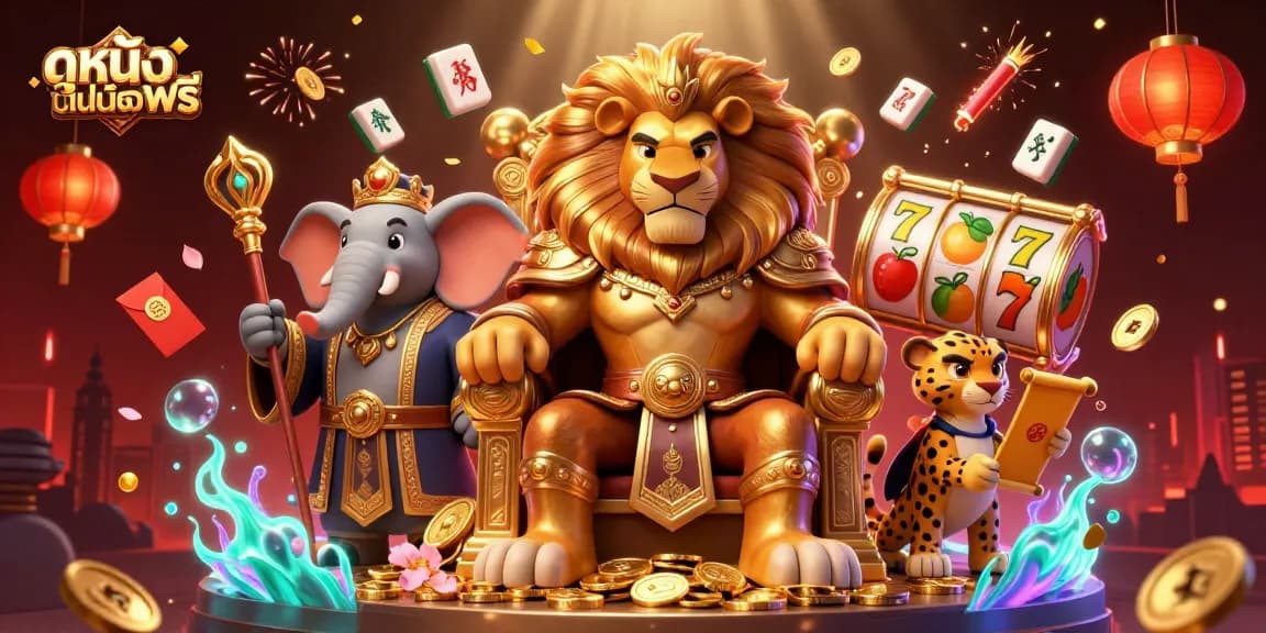 Experience ดูหนังออนไลน์ฟรี while engaging in a vibrant 3D casino scene with dynamic slot reels and lucky symbols.