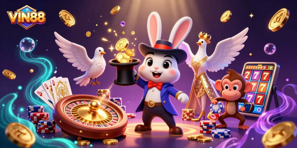 Experience the excitement of VIN88 with a dazzling 3D casino scene featuring magical characters.
