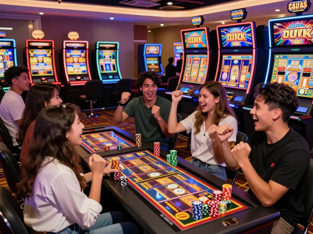 Cheerful group enjoying link slot gaming experience at a casino