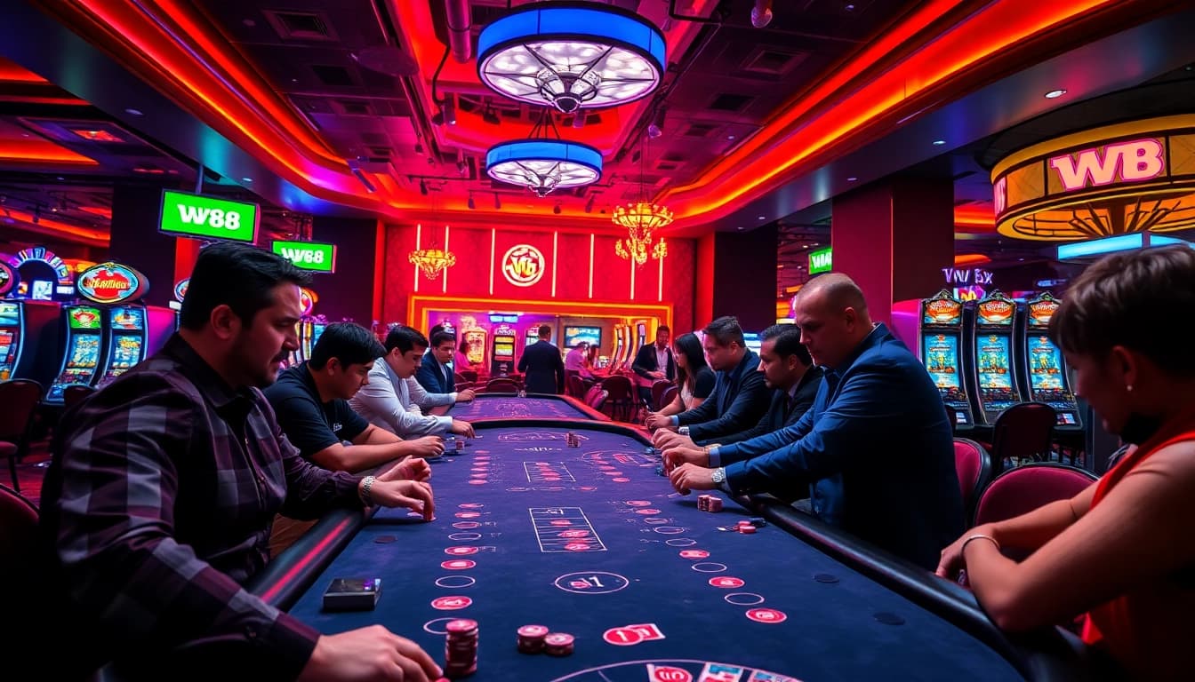 Experience the excitement of w88 at a bustling casino with vibrant gaming tables and players.