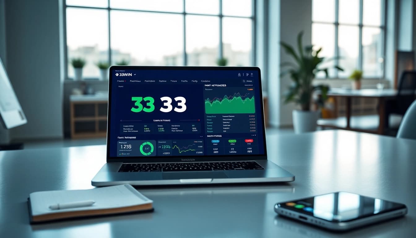 33WIN betting platform interface displayed on a modern laptop in a bright workspace.