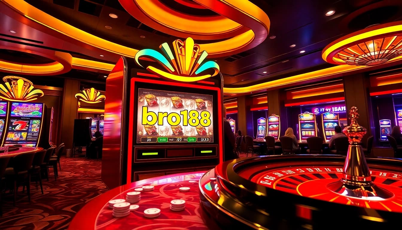 Play exciting slot games at bro138, featuring a vibrant casino scene with modern machines and poker chips.