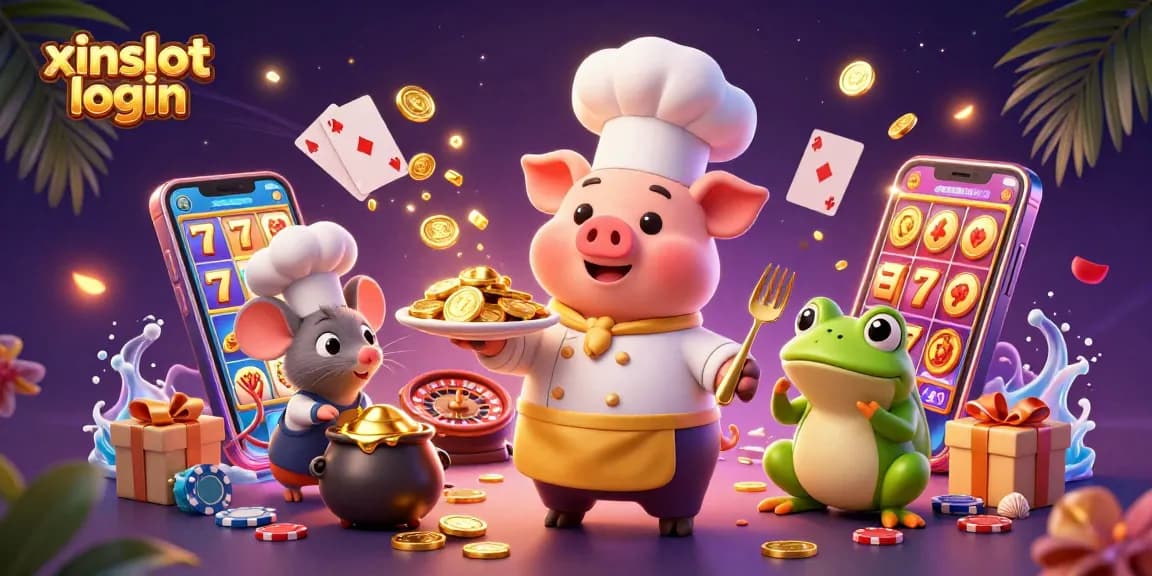 Spin the reels with xinslot login featuring playful characters and dynamic casino elements.