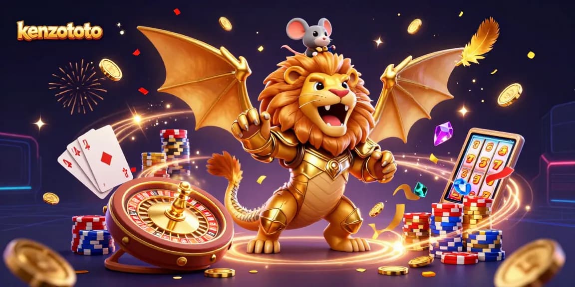 Kenzototo showcases thrilling golden celebrations, featuring a roaring chimera and dynamic casino elements.