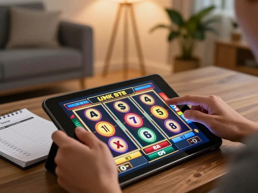 Engaging gameplay in link slot games displayed on a tablet in a cozy home setting.