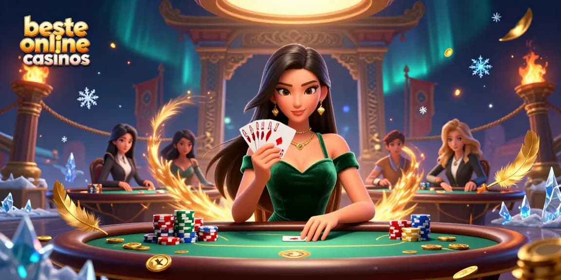 Play games at beste online casinos with beautiful Asian woman focused on poker strategy.