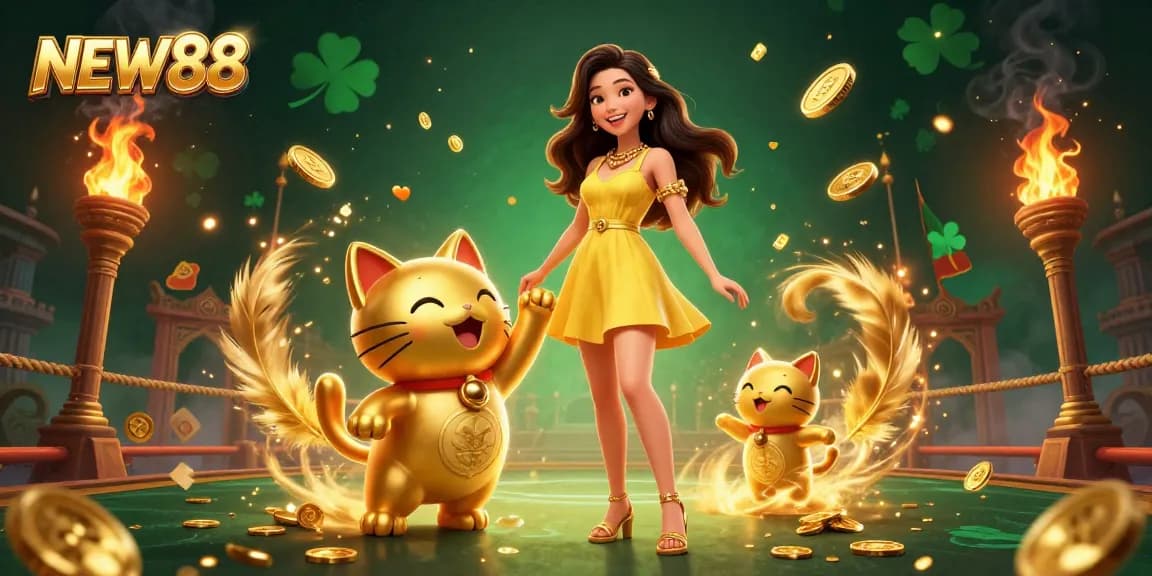 Engage with NEW88 in this vibrant scene featuring a cheerful woman and golden lucky cat amidst thrilling sports betting elements.
