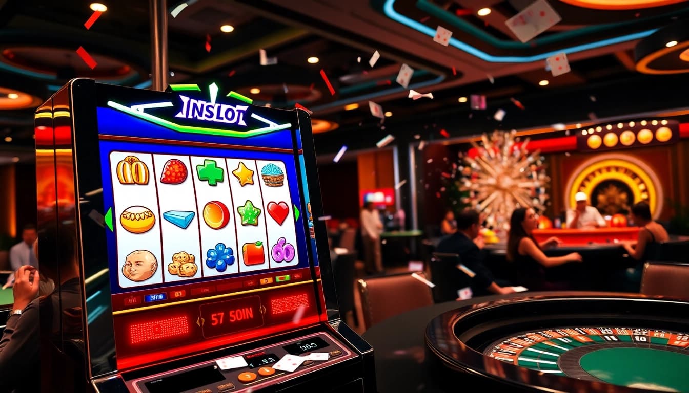 Winning with idnslot at a luxurious casino with vibrant slot machines and poker chips.