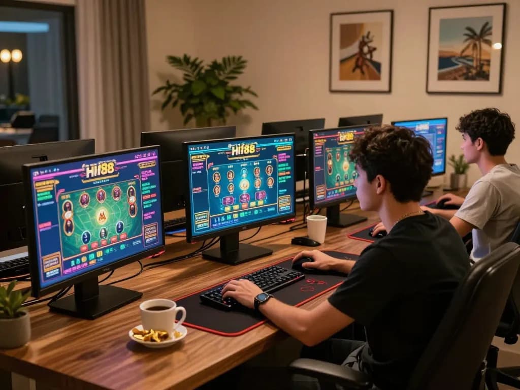 Engaged player at Hi88 online casino, showcasing strategic gameplay in a cozy, modern setting.