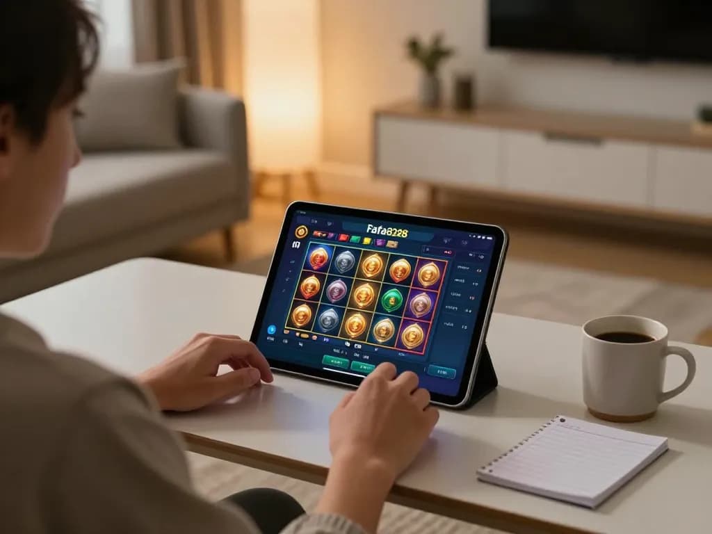 Player engaging with Fafa828 online slots on tablet in a cozy living room.