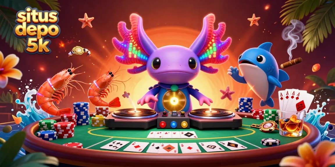 Experience vibrant casino vibes with situs depo 5k as an axolotl DJ spins records in a lively poker scene.