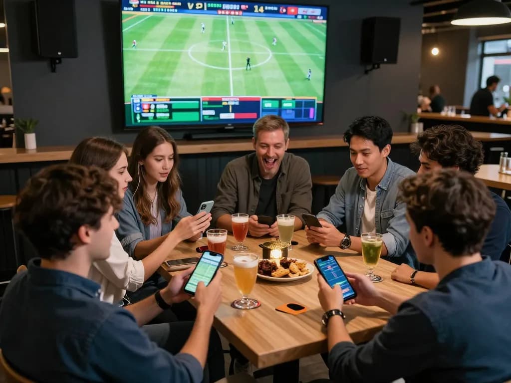 Soi kèo sports betting excitement with friends cheering around a live match screen, capturing the thrill of betting.