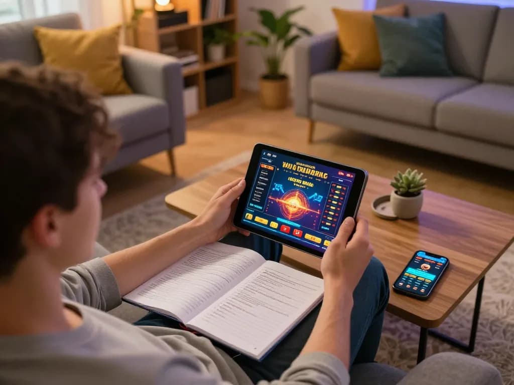 Engaging with casinos not on gamstop via tablet in a cozy home setting, showcasing online gaming strategy.