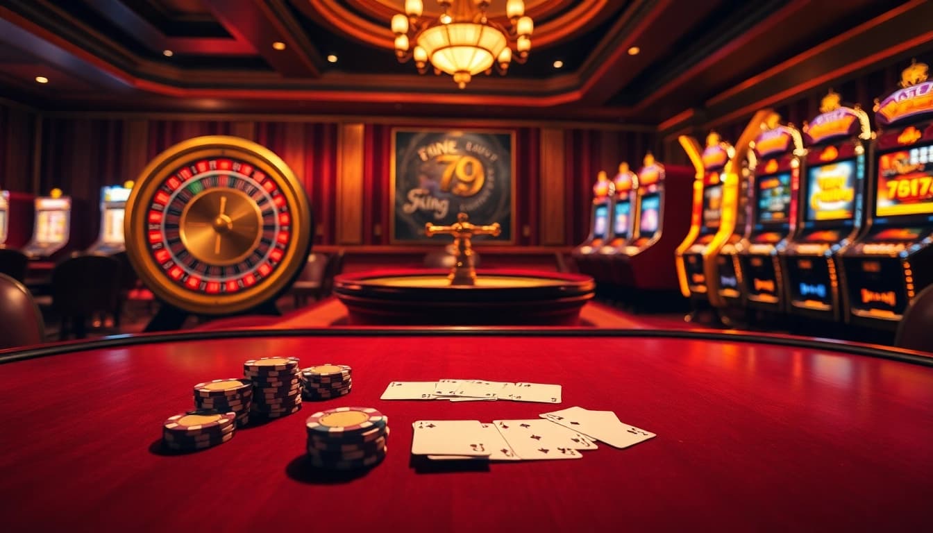 Exciting gameplay experience at 79king with poker chips, cards, and a roulette wheel.