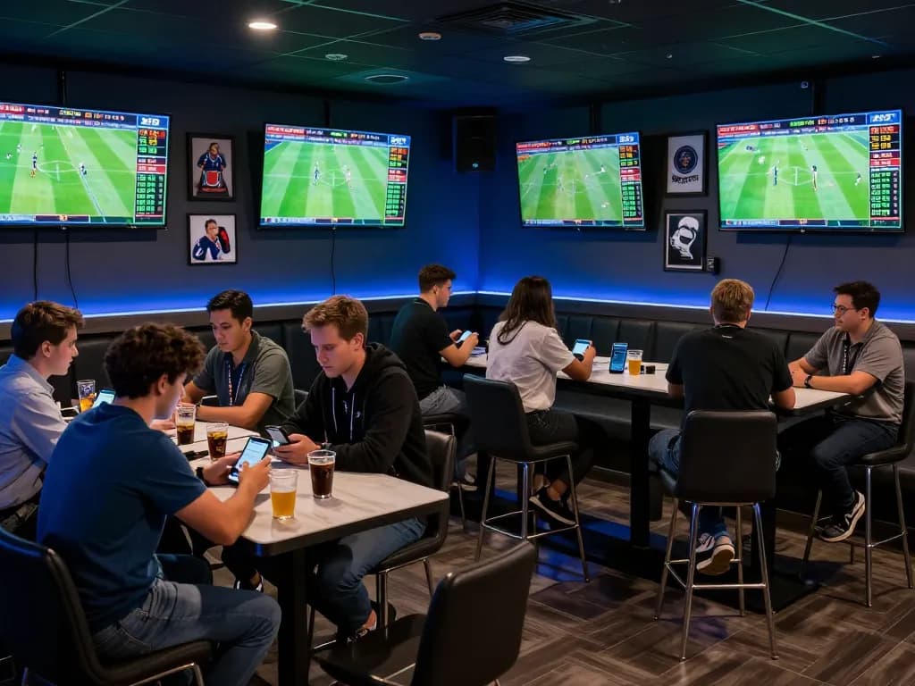 Dynamic sports betting lounge scene showcasing tỷ lệ bóng đá kèo nhà cái with engaged bettors analyzing odds on screens
