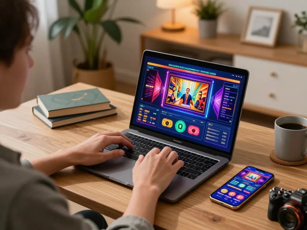 Engaged player enjoying slot online gaming experience on laptop at home