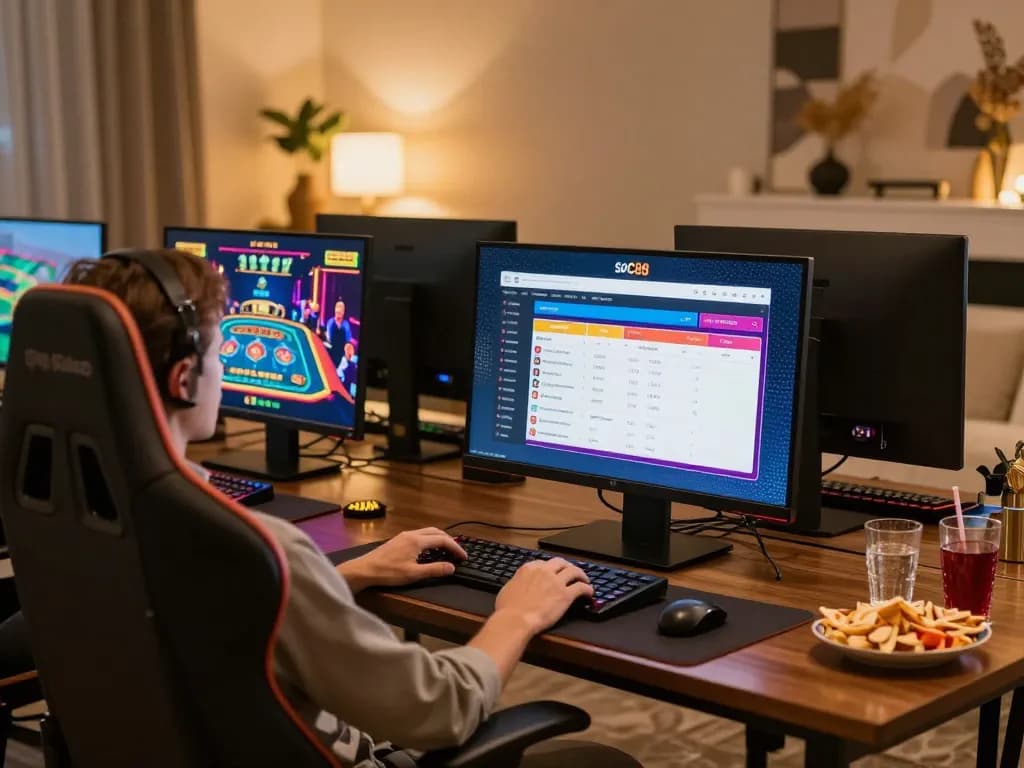 Players enjoying soc88 online gambling experience with multiple screens and lively gaming atmosphere.