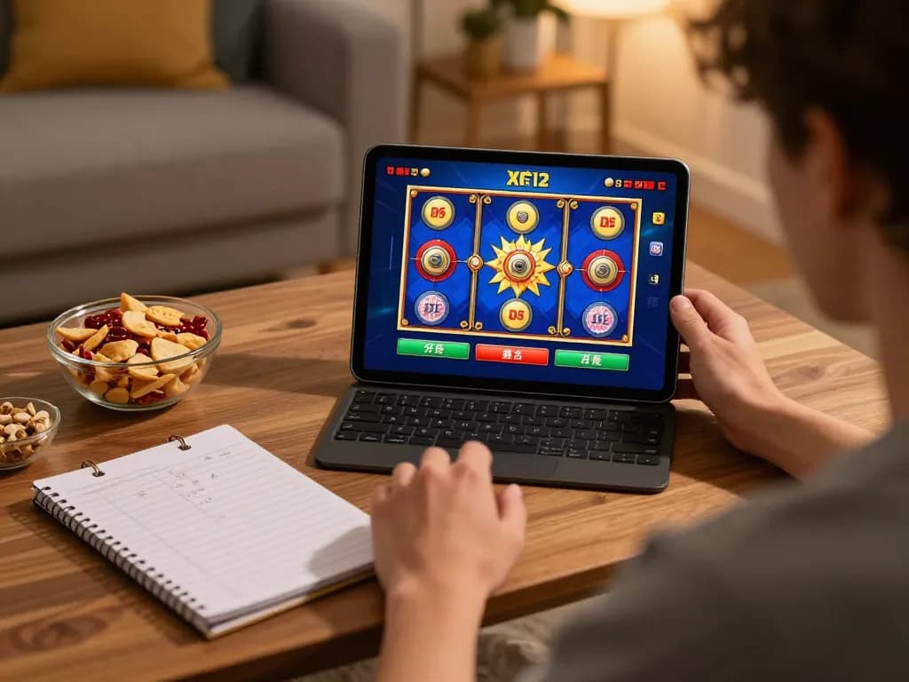 Pemain menikmati permainan slot di tablet di rumah, menampilkan pengalaman perjudian online yang menarik dan perencanaan strategis.