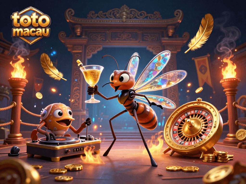 Win big at toto slot macau with a lively 3D casino scene featuring vibrant characters and dynamic gaming elements.