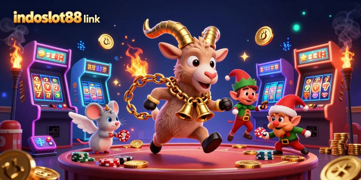 Engage with the playful scene of indoslot88 link featuring a Krampus goat and elves amidst vibrant casino gaming.