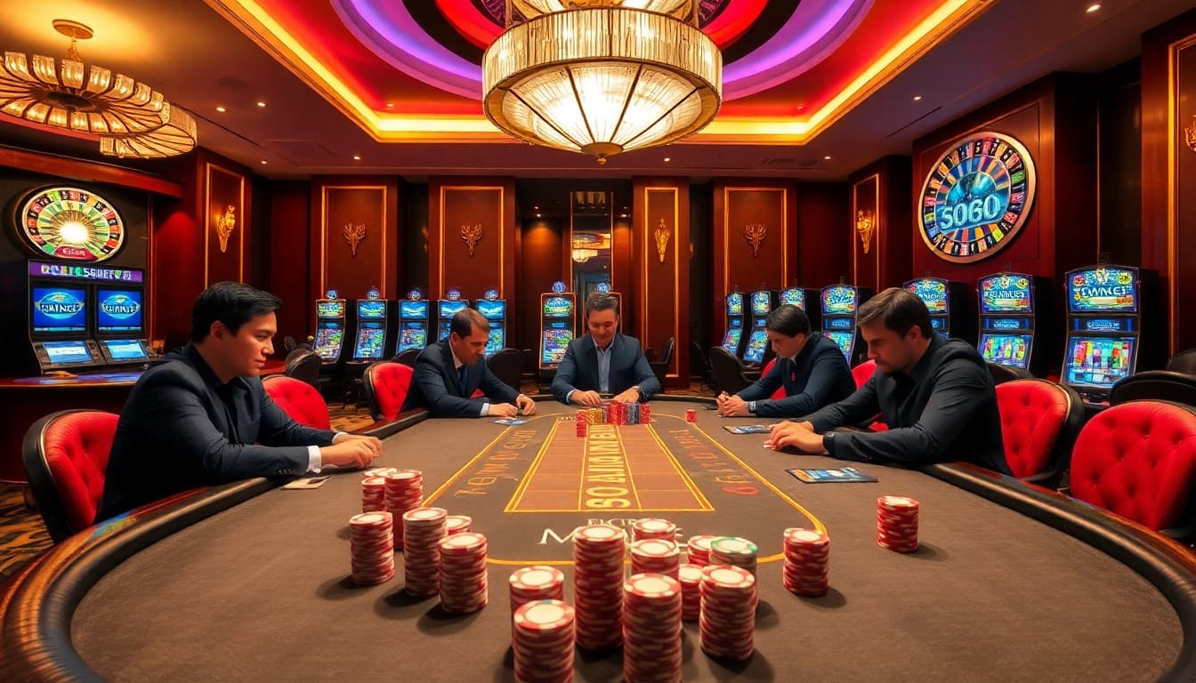 Players enjoying a thrilling poker game at MM 88 casino, showcasing vibrant slots and elegant tables.