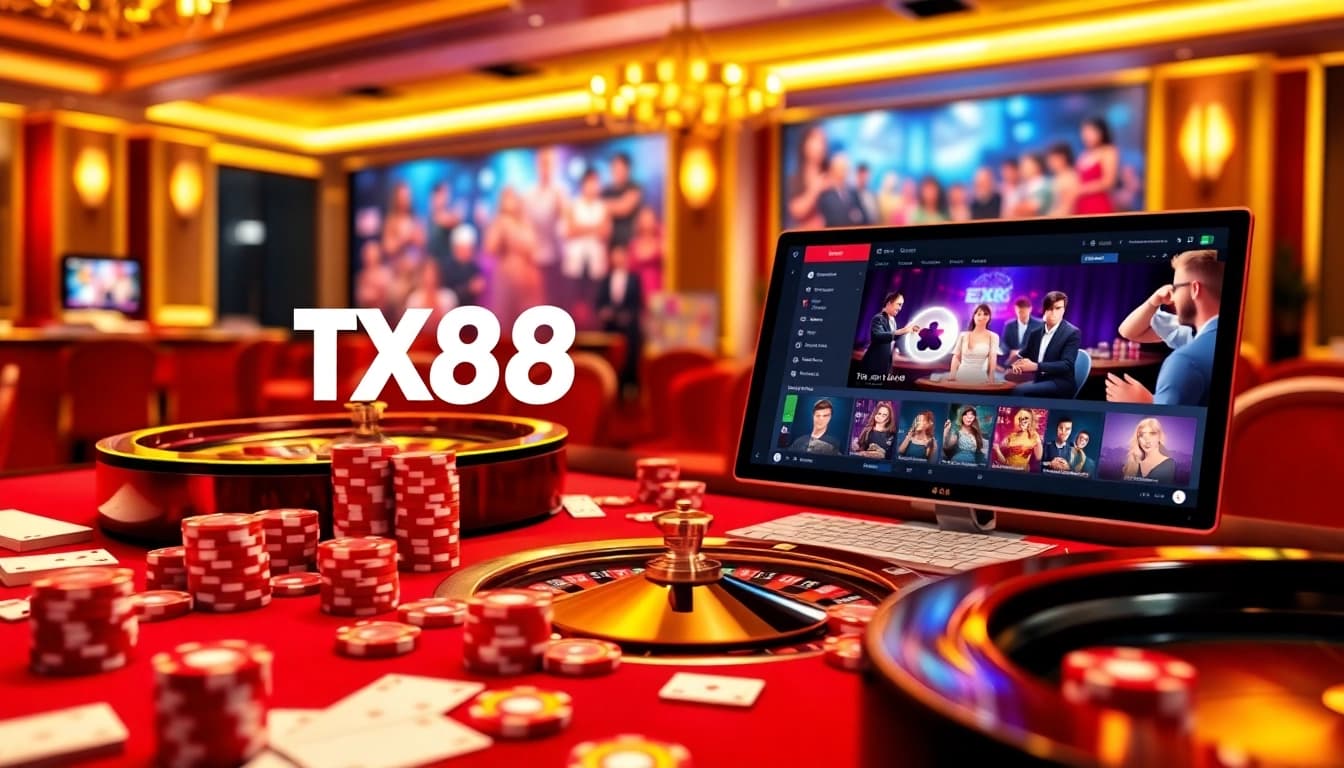 TX88 casino scene showcasing vibrant poker action and modern gaming interface.