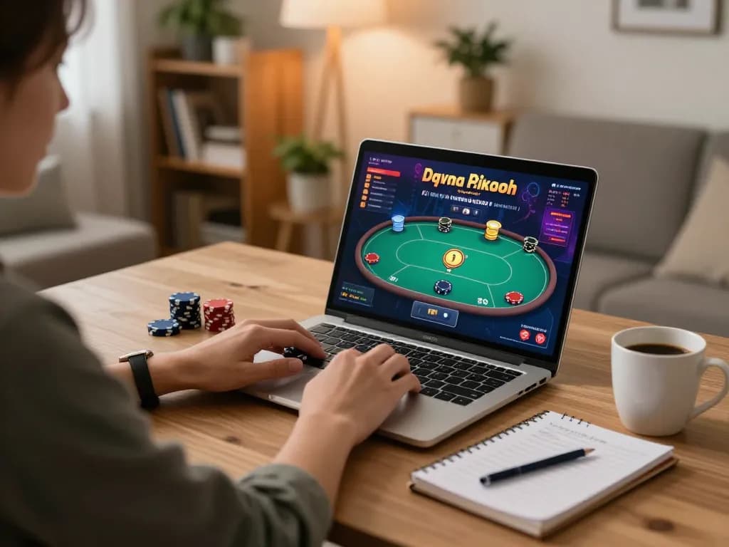 Engaging in online poker gameplay on laptop while exploring ทางเข้า m119 for gaming strategies and tips.